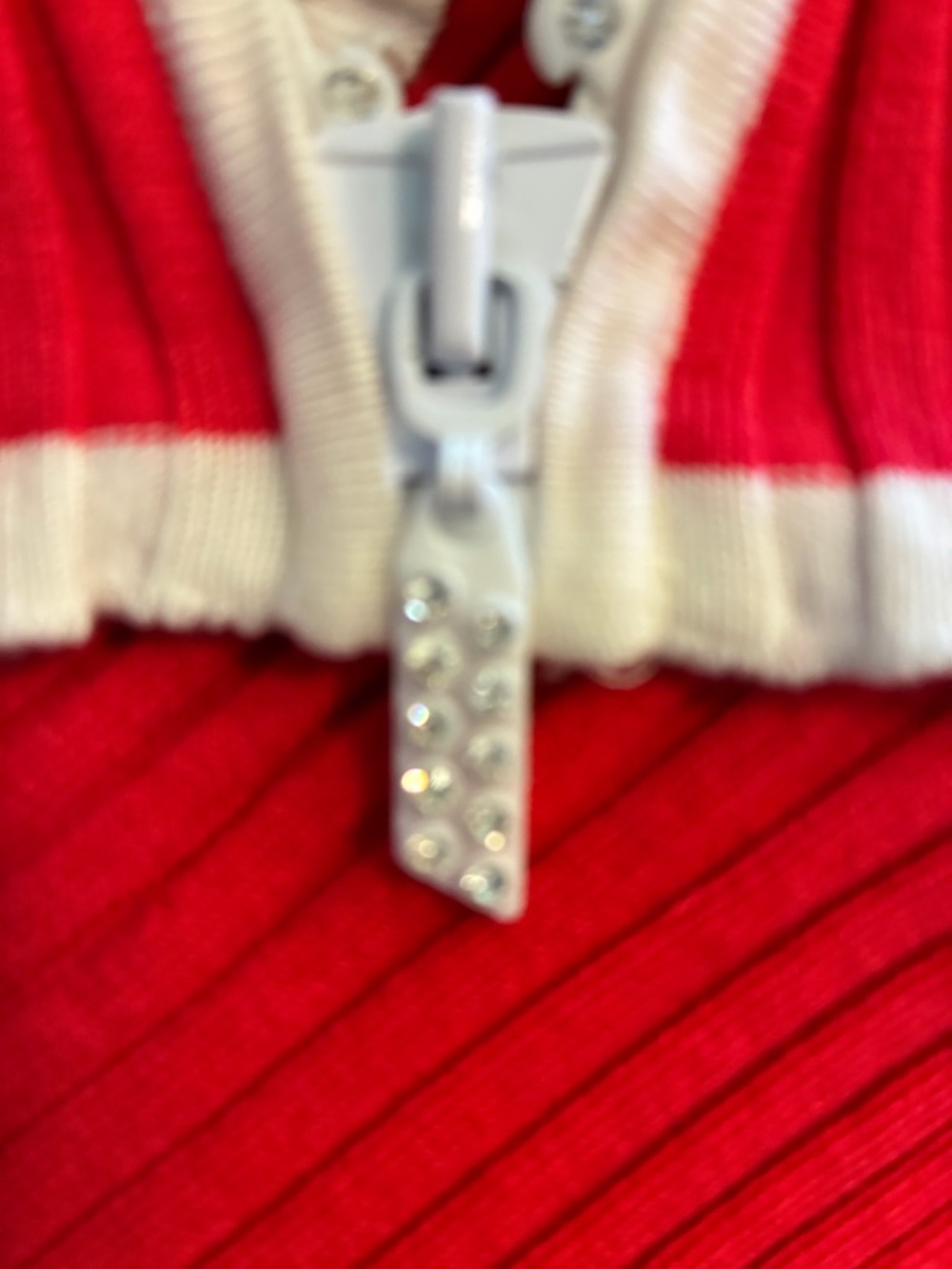 Belldini Coral Knit Cardigan Rhinestone Embellished Zipper White Trim Red Pink - Picture 5 of 10